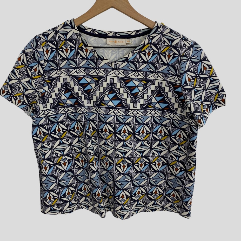 Tory Burch Blue White Geometric Print Ponte Cropped Shirt
